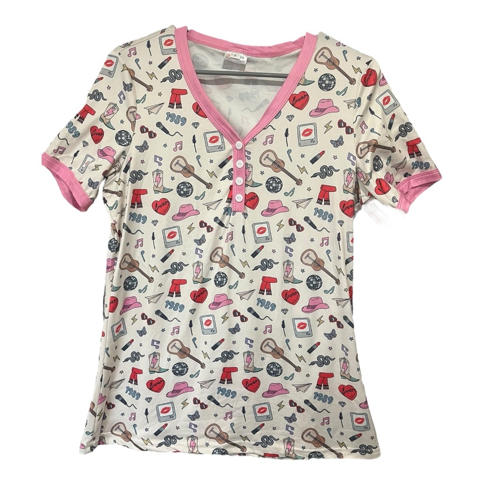 Shirley & Stone Taylor Swift Inspired Pajama Set Small Eras 1989 White Pink - Picture 2 of 16